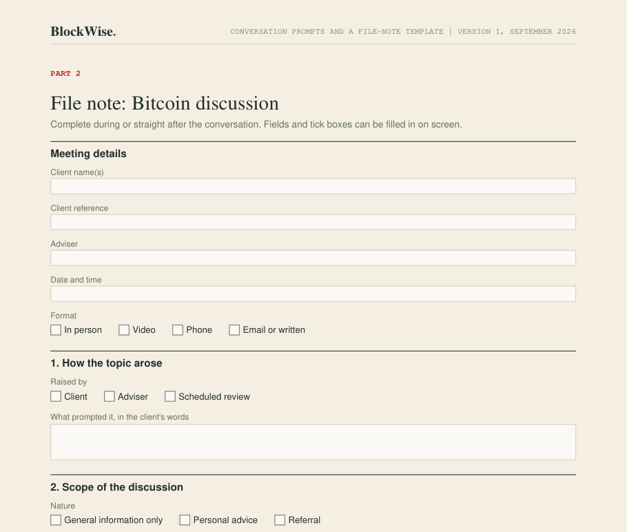The top of the file-note template: meeting details, how the topic arose, and the scope of the discussion, with tick boxes and fields to fill in