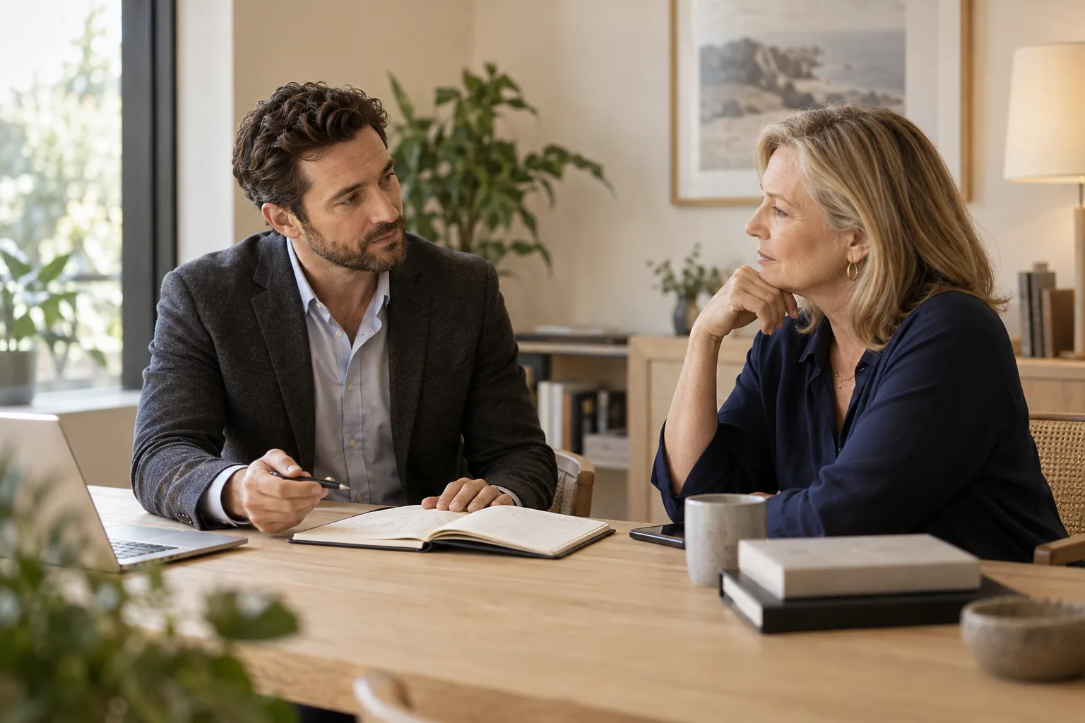 Illustrative professional photograph of an adviser listening to a client in a calm meeting space