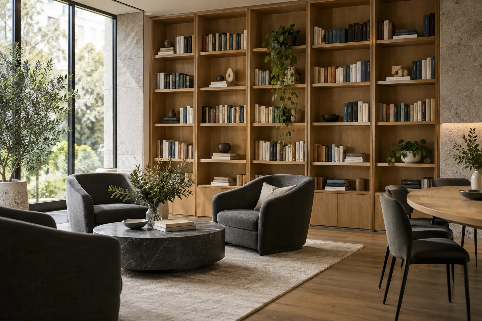 Illustrative professional photograph of a quiet contemporary office library