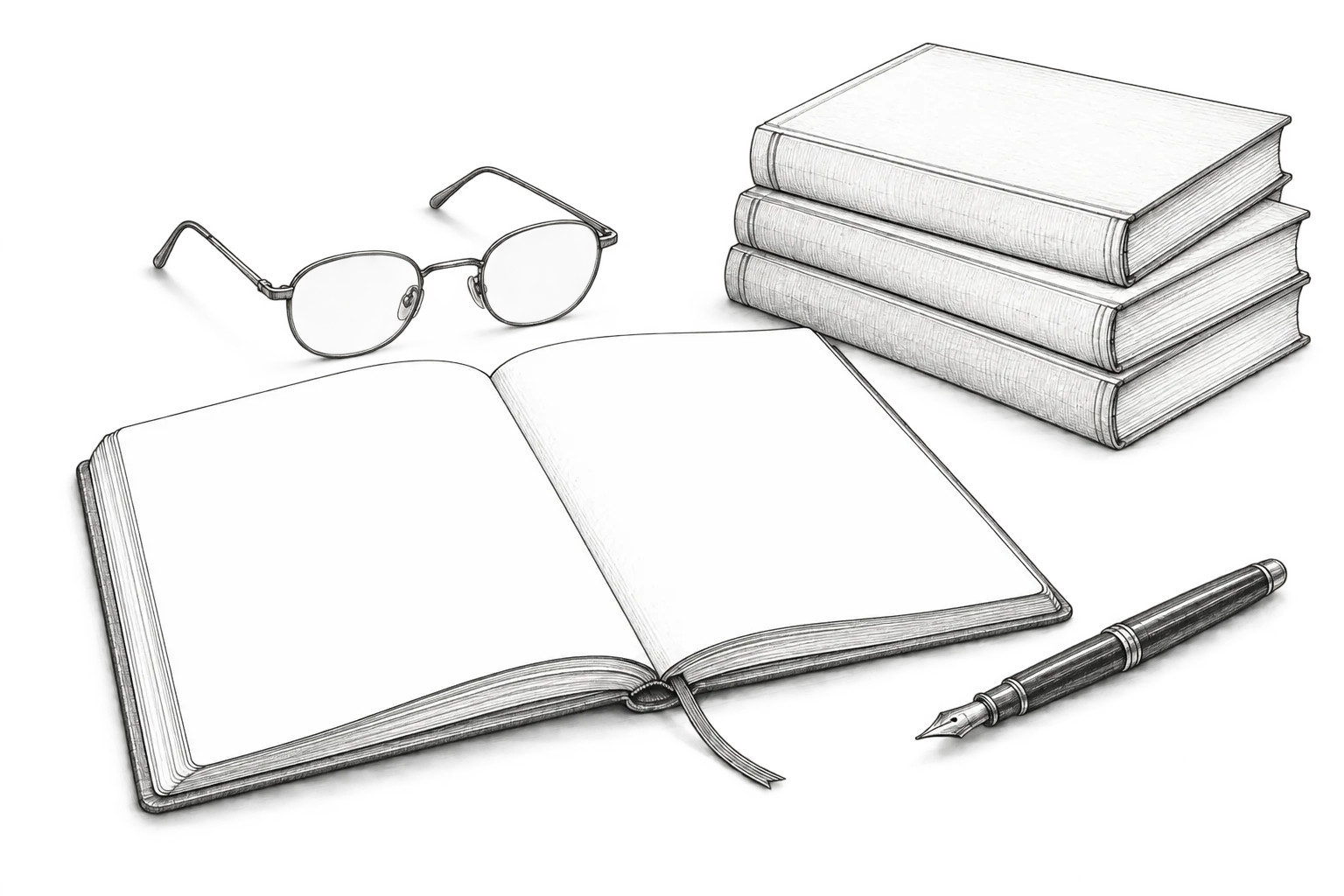 Graphite illustration of books and research notes