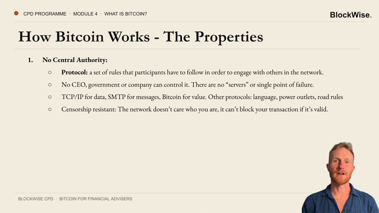 Module 4 · What is Bitcoin?: Watch Michael explain Bitcoin in an excerpt from Module 4. See the actual teaching before you enrol.